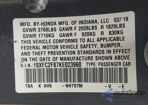 2019 Honda Civic Sport from USA, damaged, VIN 19XFC2F87KE023960